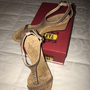 Van Eli t-strap cork wedge sandal, size 7.
